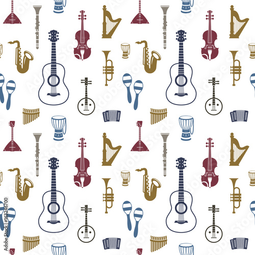 Digital vector blue red music instruments icons with drawn simple line art info graphic, seamless pattern, presentation with guitar, piano, drums and sound elements around promo template, flat style