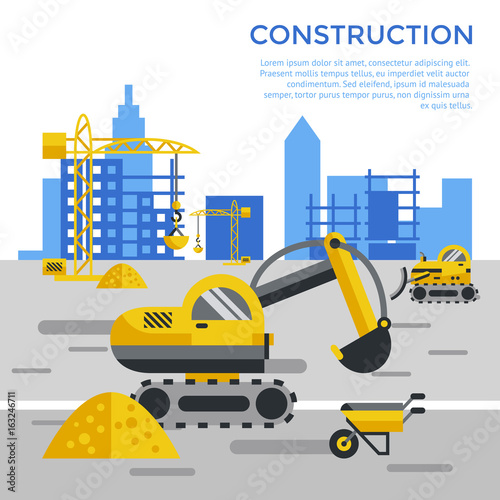 Digital vector yellow construction building tracks icons with drawn simple line art info graphic, presentation with crane, road, grout, excavator and cement elements around promo template, flat style