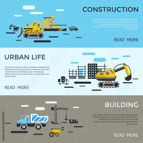 Digital vector blue yellow construction building tracks icons with drawn simple line art info graphic, presentation with crane, road, grout, excavator and cement elements around promo template