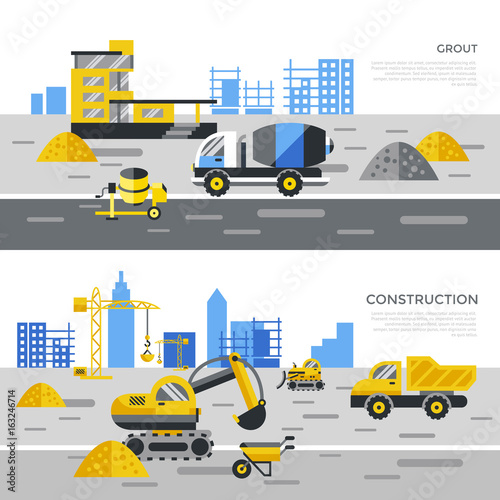 Digital vector yellow construction building tracks icons with drawn simple line art info graphic, presentation with crane, road, grout, excavator and cement elements around promo template, flat style