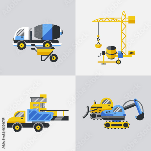 Digital vector yellow construction building tracks icons with drawn simple line art info graphic, presentation with crane, road, grout, excavator and cement elements around promo template, flat style
