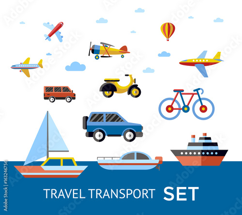 Digital vector blue red travel transport icons set with drawn simple line art info graphic, presentation with car, plane and vehicle elements around promo template, flat style