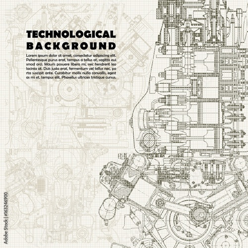 Retro  technical background, drawing  engine 