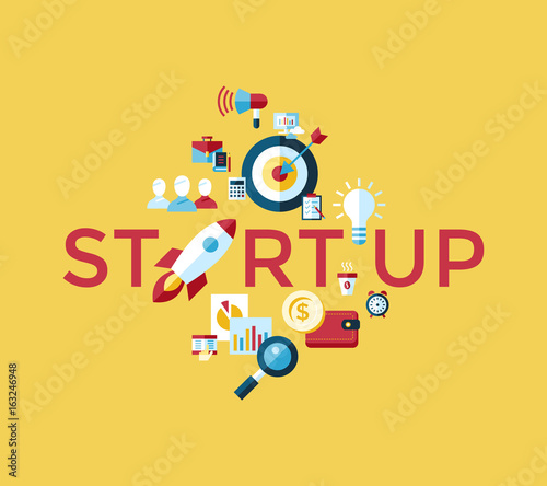 Digital vector yellow startup team icons with drawn simple line art info graphic, presentation with rocket, project and business elements around promo template, flat style