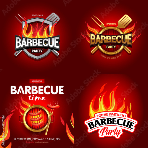 BBQ 4 colorful poster designs, party design, invitation, ad design. Barbecue logo. BBQ template menu design. Barbecue Food flyer. Barbecue advertisement.