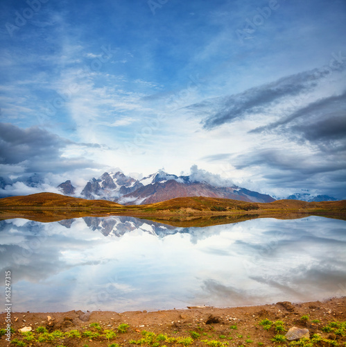 Location place lake Koruldi at the foot of Mt. Ushba. Georgia, Europe. High Caucasus ridge. © Leonid Tit