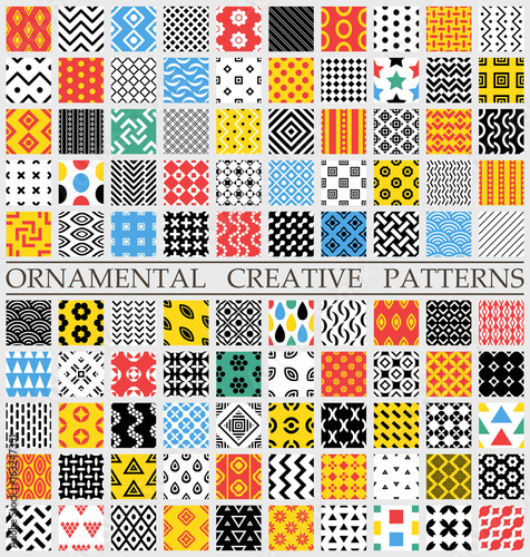 Digital vector color geometric universal different seamless patterns with swatch tiling endless texture, for web and decorative ornaments