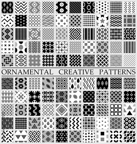 Digital vector black and white geometric universal different seamless patterns with swatch tiling endless texture