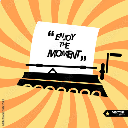 Digital vector black yellow, taping machine and paper, quote frames box blank template with print information design icon, enjoy the moment citation, flat style