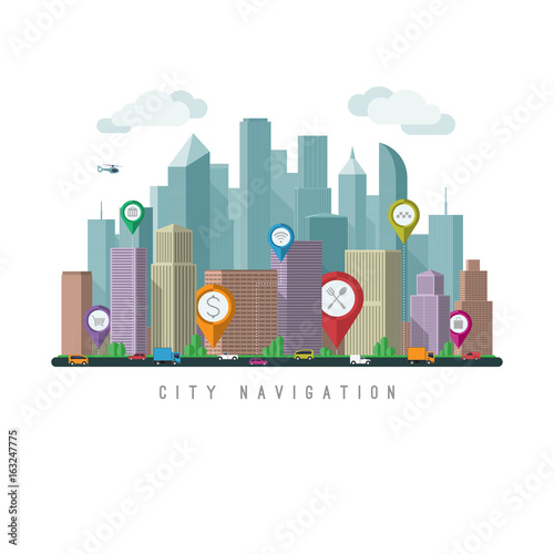 City navigation concept. Urban landscape with map pointers and city traffic. Vector illustration. Flat design