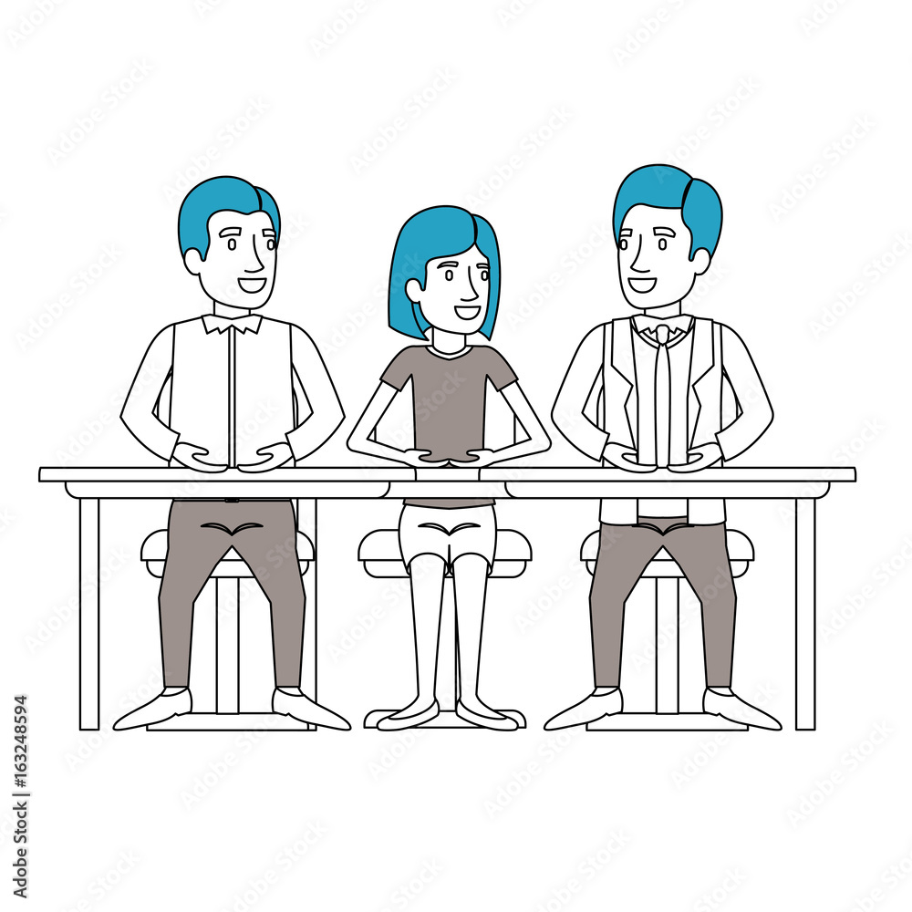color sections silhouette of teamwork of woman and men sitting in desk vector illustration