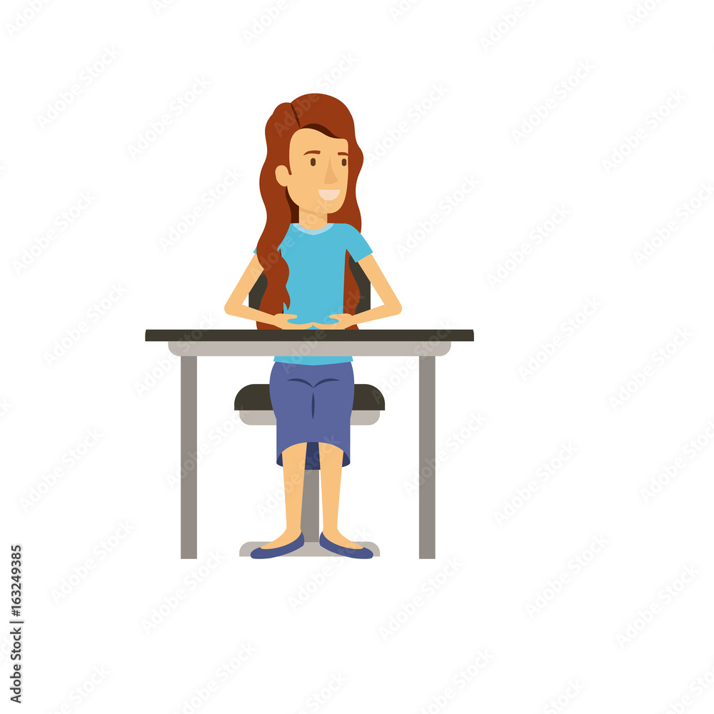 colorful silhouette of woman with long wavy hair and sitting in chair in desktop vector illustration colorful silhouette of woman with long wavy hair and sitting in chair in desktop vector illustration