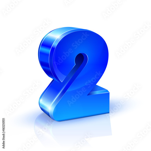 Glossy blue Two 2 number. 3d Illustration on white background. photo