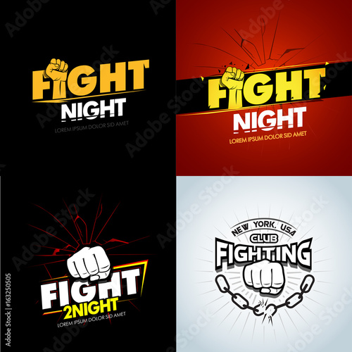 4 Modern professional fighting poster templates logo design with fist. Isolated vector illustrations.