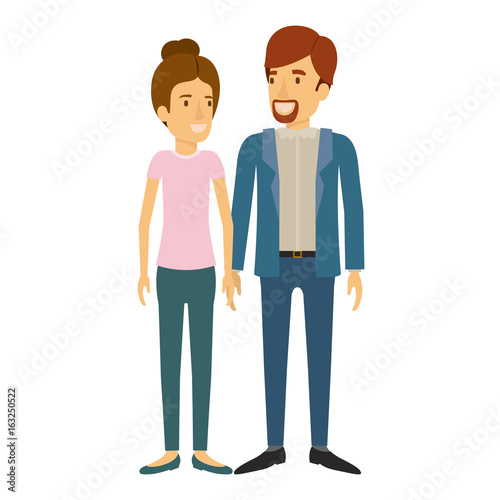 colorful silhouette of man and woman standing and her with light brown hair collected and him in casual clothes and beard van dyke vector illustration