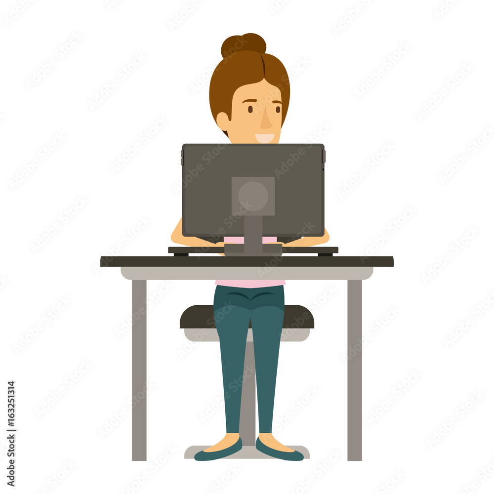 colorful silhouette of woman with collected hair and sitting in chair in desk with computer vector illustration