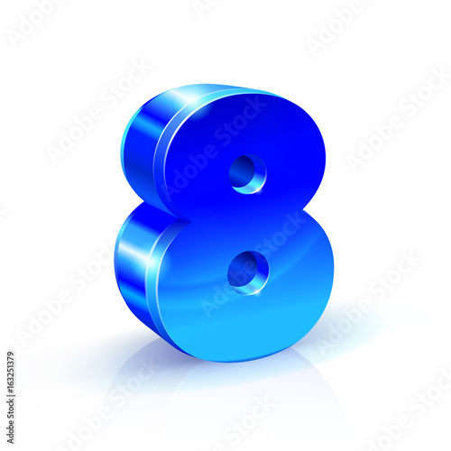 Glossy blue Eight 8 number. 3d Illustration on white background.