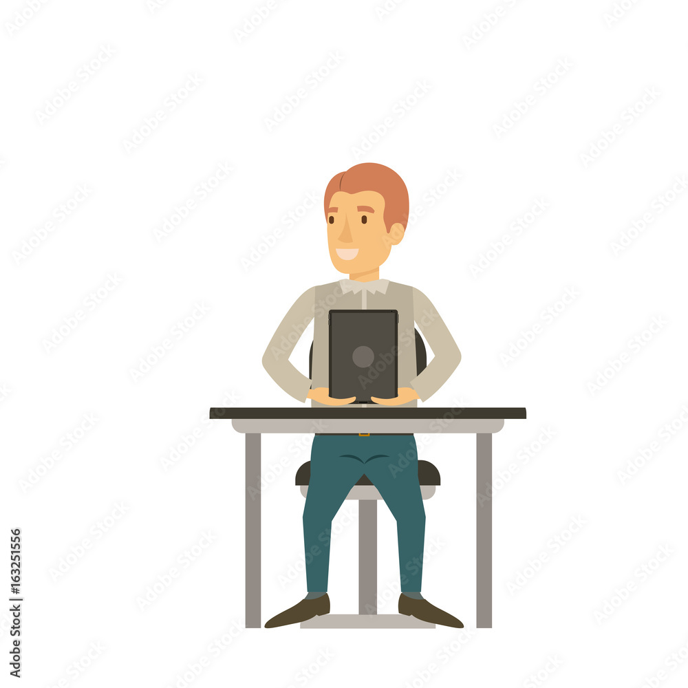 colorful silhouette of man in casual clothes and reddish hair and sitting in chair in desk with tablet device vector illustration