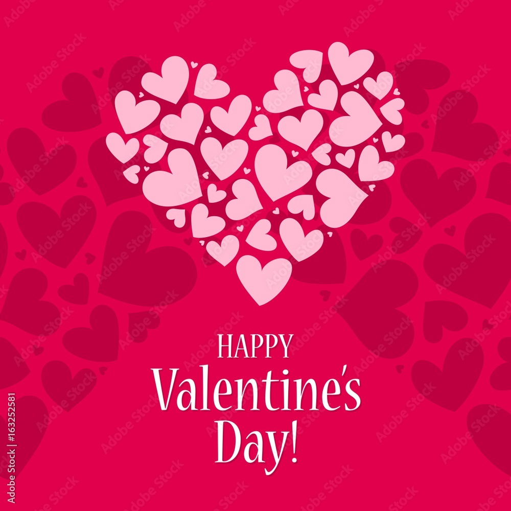 Happy Valentines day card with red and pink heart vector background pattern poster