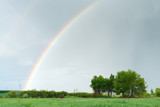 Rainbow over the green field. Landscape background