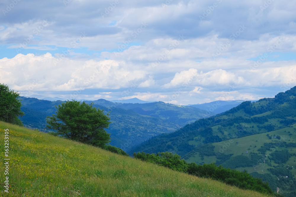 Beautiful landscape in Carpathian mountains, Amazing summer view in cloudy mountains, Ukraine