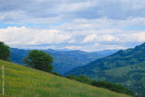 Beautiful landscape in Carpathian mountains, Amazing summer view in cloudy mountains, Ukraine © yk