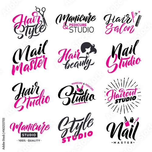 Logo Beauty Salon Lettering Set. Hair Studio and Nail Master. Custom handmade calligraphy, vector.
