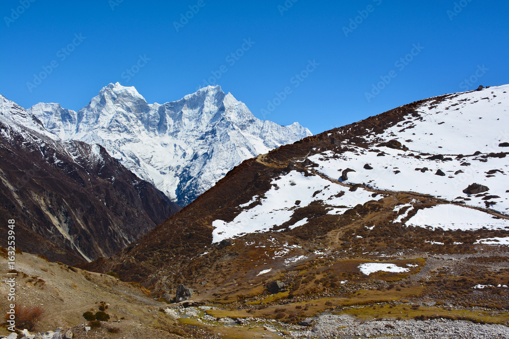 Beautiful view of the Himalayan mountains near Machhermo village on the way to Gokyo Lakes, Nepal