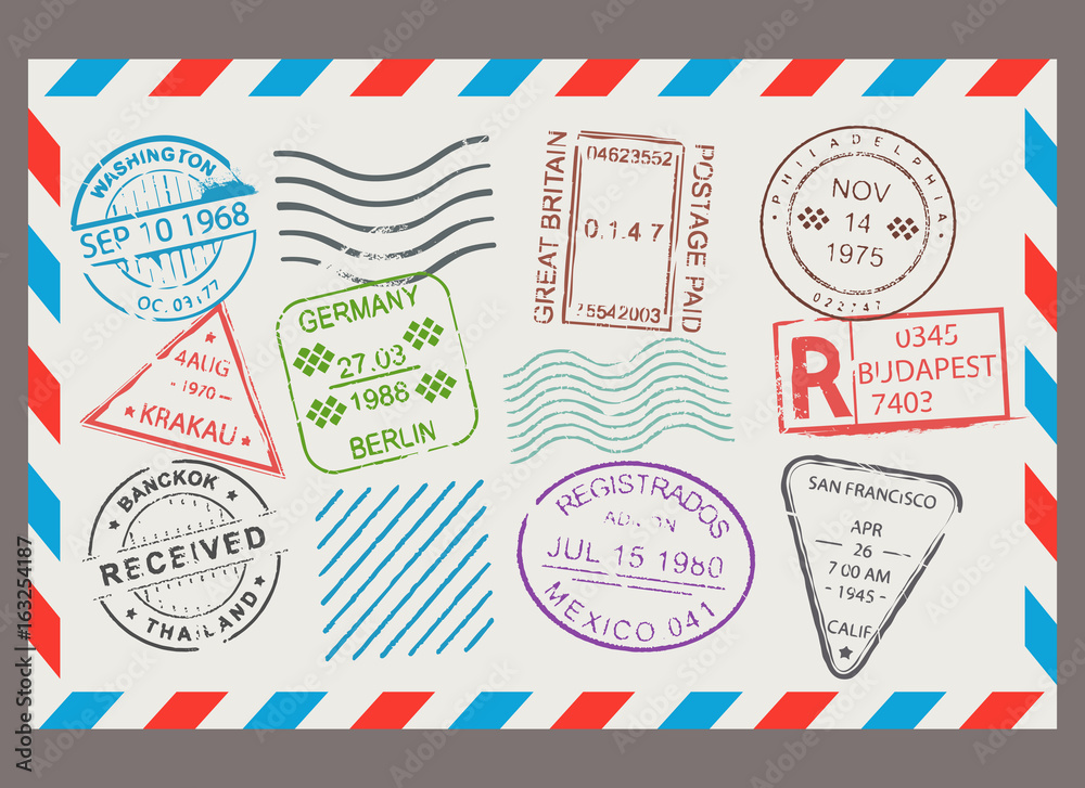 Post stamp flat cartoon set Post stamp flat cartoon set