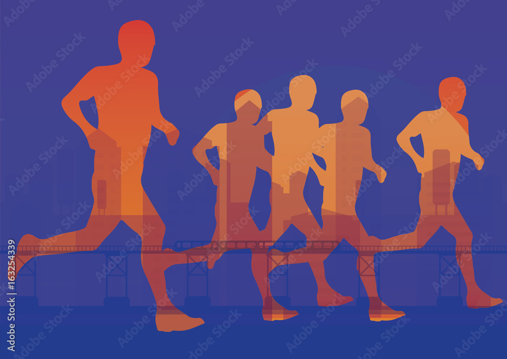 Obraz premium Running marathon in the night, people run. Vector illustration 