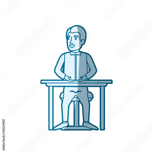 blue color silhouette shading of man in casual clothes and hair side parted and sitting in chair in desktop vector illustration