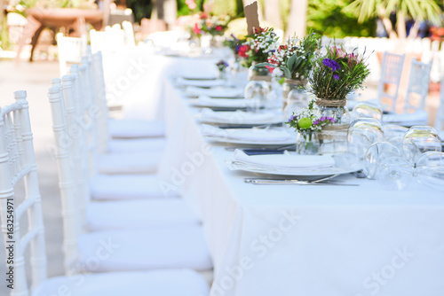 Outdoor wedding celebration in a restaurant