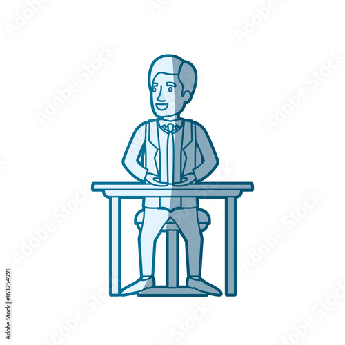 blue color silhouette shading of man in formal suit and hair side parted and sitting in chair in desktop vector illustration