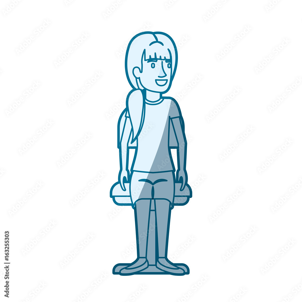 blue color silhouette shading of woman with ponytail side hair and sitting in chair vector illustration