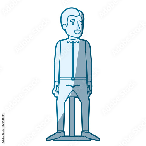 blue color silhouette shading of man in casual clothes and side parted hair and sitting in chair vector illustration