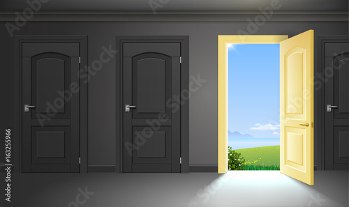 The door and the exit from the dark gloomy room. Concept on the theme of liberation. The beginning of the way. Vector graphics