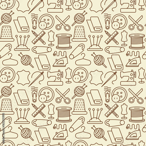 Seamless pattern with sewing equipment thin line icons: sewing machine, needle, thread, iron. Vector illustration.