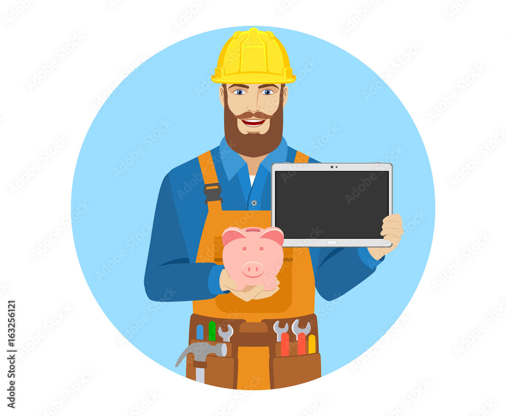 Worker with piggy bank and digital tablet Worker with piggy bank and digital tablet