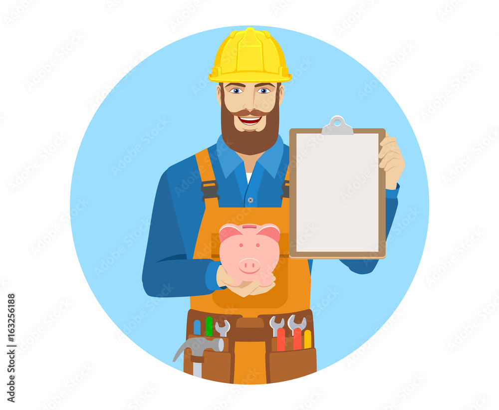 Worker with piggy bank and clipboard Worker with piggy bank and clipboard