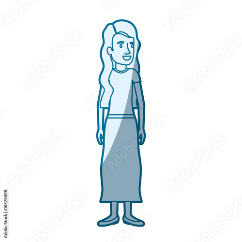 blue color silhouette shading of woman standing with wavy long hair in blouse and skirt vector illustration