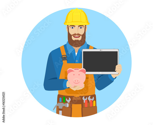 Worker with piggy bank and digital tablet