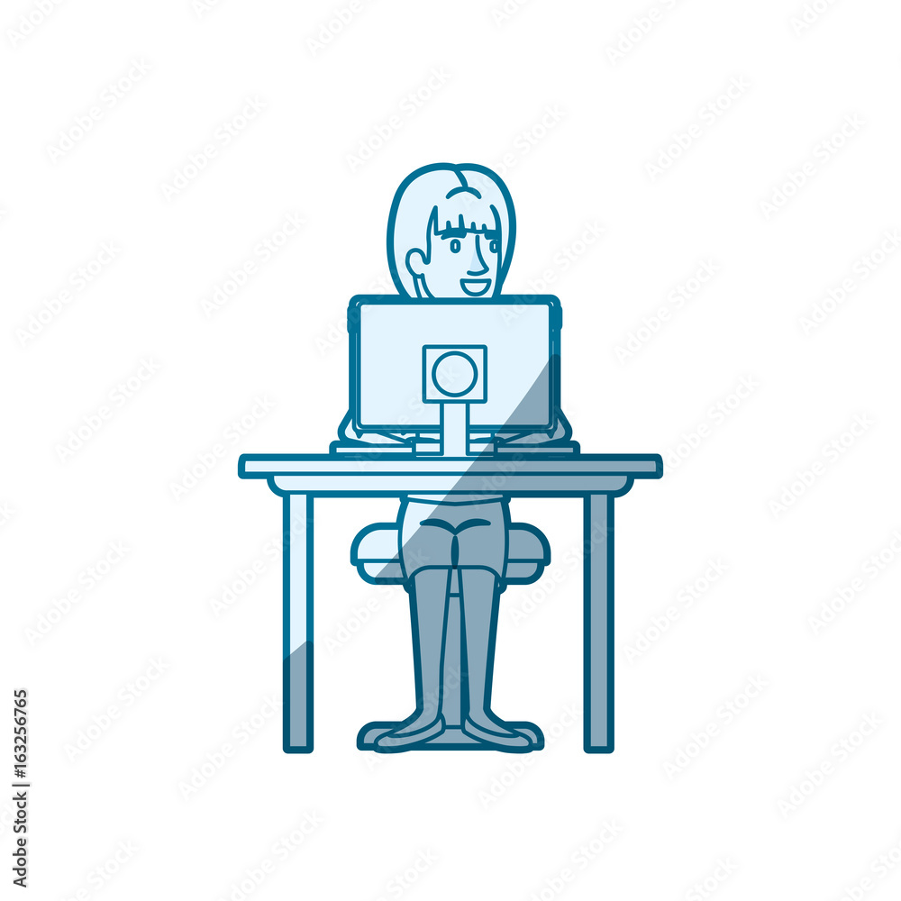 blue color silhouette shading of woman with ponytail hair and sitting in chair in desk with computer device vector illustration blue color silhouette shading of woman with ponytail hair and sitting in chair in desk with computer device vector illustration