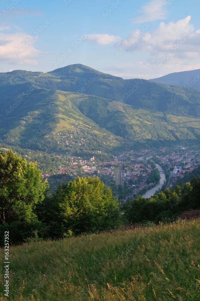 View from Carphatian Mountains on Rakiv city and river Tisza, Transcarpathia, Ukraine 