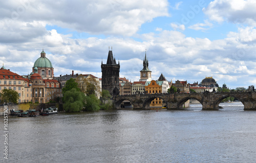 A view of Charles Bridge and the city center in Prague in Czech Republic.