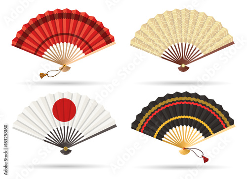 Oriental japan fan set isolated on white background. Traditional paper chinese or japanese geisha vector folding fans