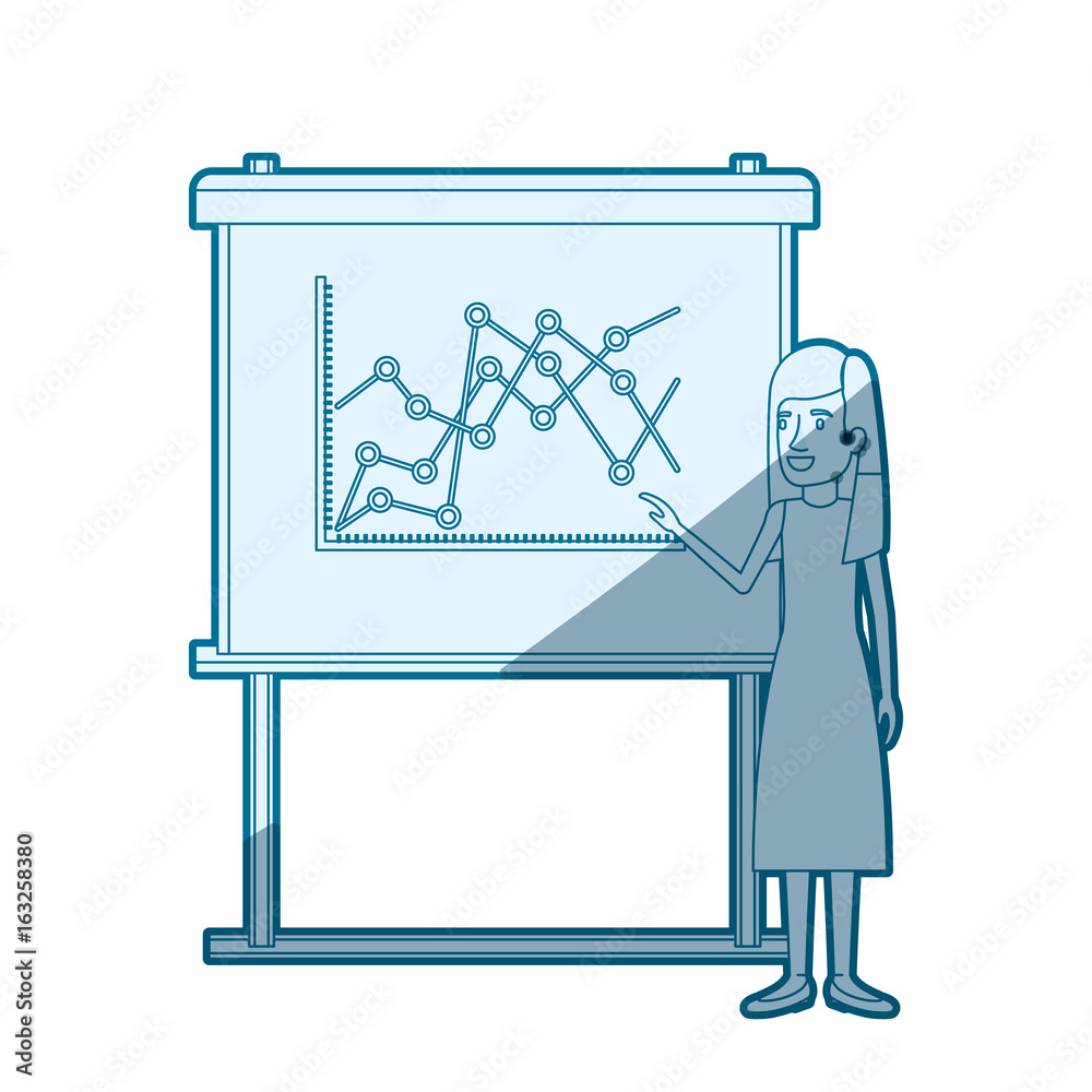 blue color silhouette shading of woman in presentation board with line graphics vector illustration