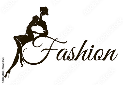 Black and white fashion logo with woman model silhouette. Hand drawn vector illustration
