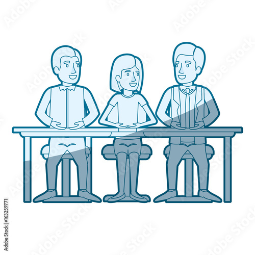 blue color silhouette shading of teamwork of woman and men sitting in desk vector illustration