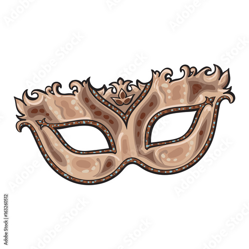 Beautifully decorated golden Venetian carnival mask with glitter and ornaments, sketch style vector illustration isolated on white background. Realistic hand drawing of purple carnival, Venetian mask