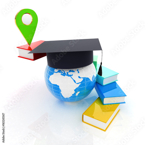 Books around the Earth and pointer. Education and navigation concept. 3d render